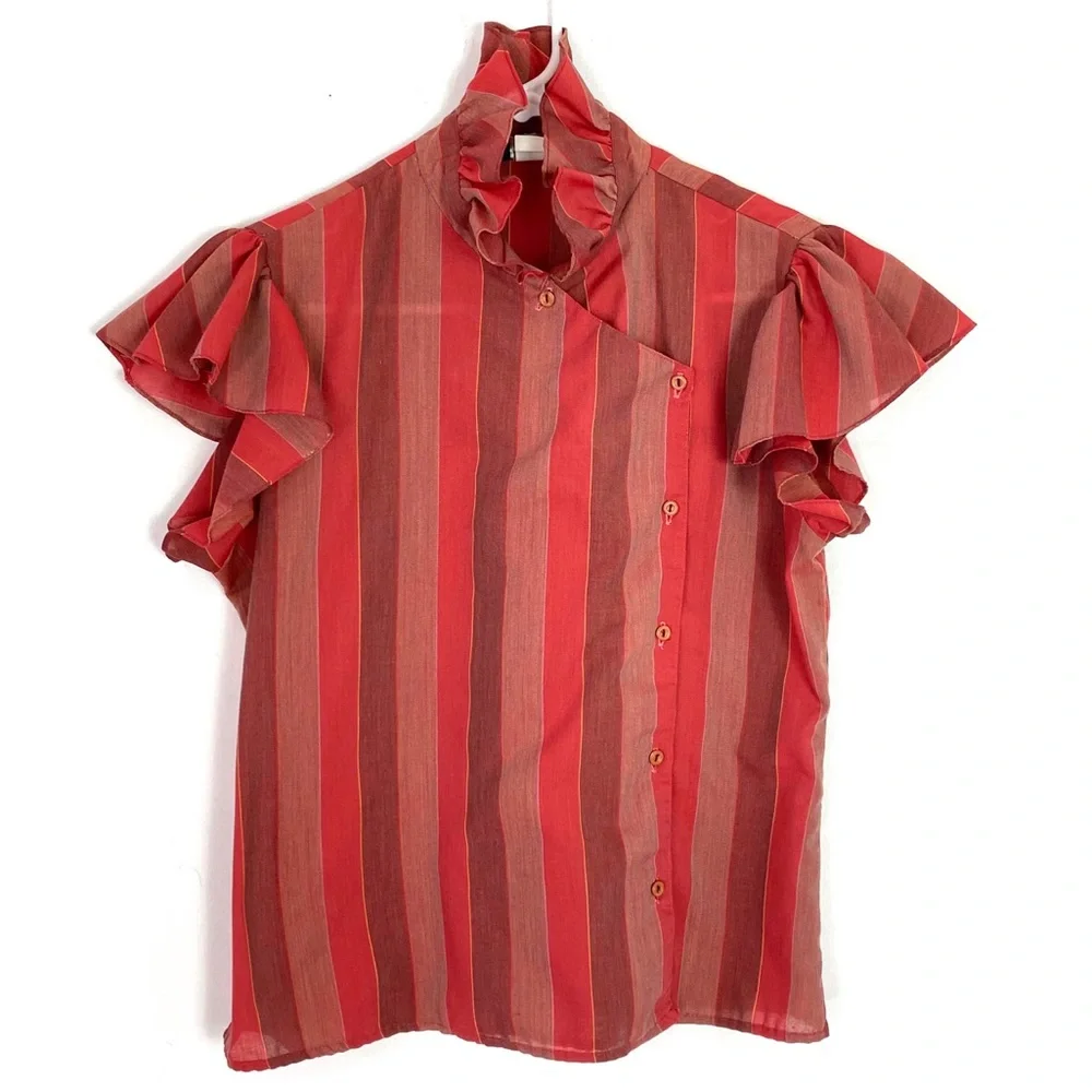Vintage Red and Rust Striped Ruffle Blouse - Picture 1 of 13